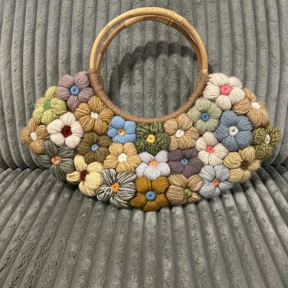 JP & Mattie Handbag Purse Quilt Crochet Vintage Boho Bamboo Handles Multicolor - Picture 2 of 14